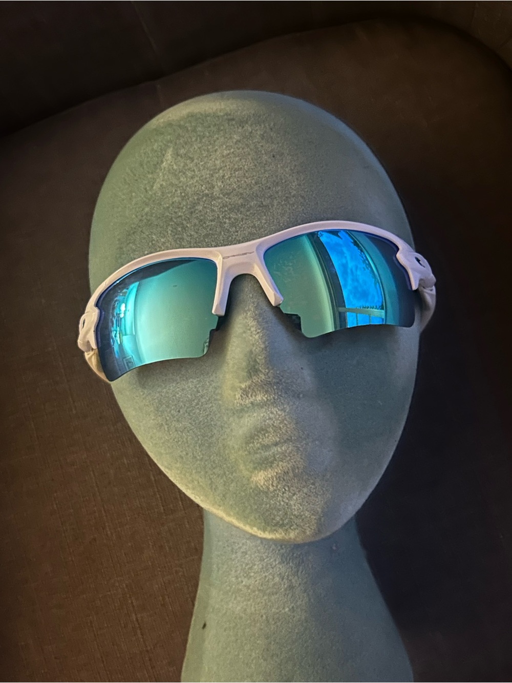 Oakley White Sports Sunglasses with Blue Mirrored Lenses